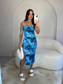 Women's Tie Dye Printed Dress With Slit Midi Ribana - Màu xanh lam - Xem 1