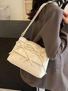 黑色蝴蝶结装饰褶皱蝴蝶结PU材质翻盖拉链单肩包，配有可调节肩带，适合日常通勤，日式风格，情人节礼物，最佳情人节礼物之选 - 米色 - 查看 2