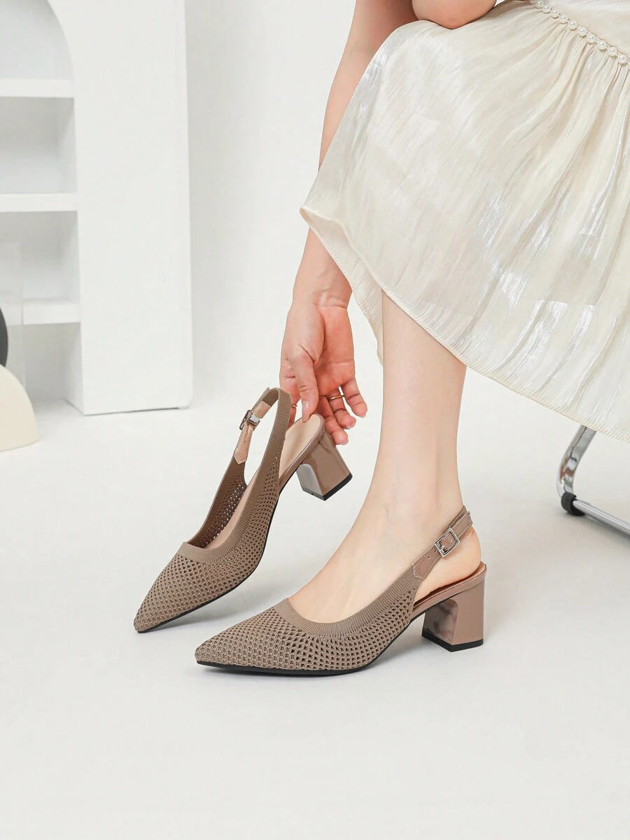 Sandals Square Toe High Thick Heels 2024 New Soft Knitted Breathable And Comfortable Shoes