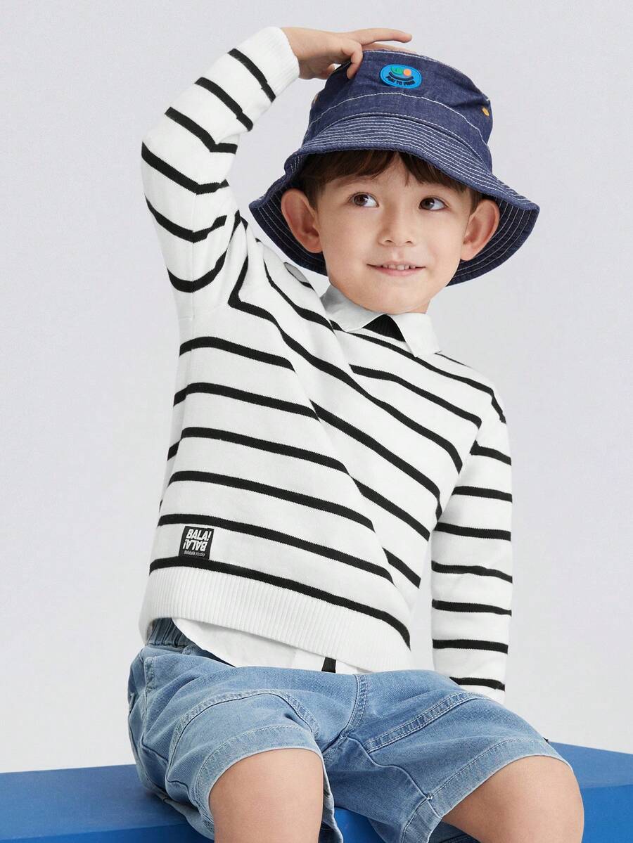 Balabala Áo len bé trai, Bộ sưu tập thu đông 2024, Áo sọc dệt kim dày cho bé trai và bé gái - Đen và trắng - Xem 1