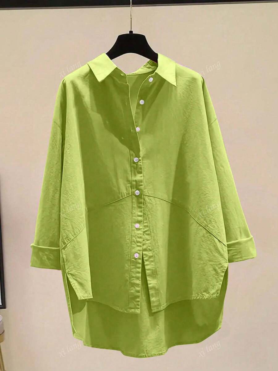 Camisa de mujer de unicolor simple con botones, blusa suelta de manga larga con cuello, hombros caídos, de gasa, estilo casual con bajo desigual, para uso diario, otoño/primavera