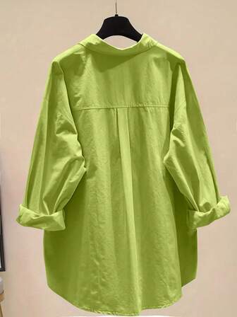 Women Simple Solid Color Button-Up Shirt,Ladies Casual High Low,Sheer Long Sleeve Collar Loose Regular Green Drop Shoulder Shirt Women Blouses,Spring/Fall ,Casual Daily Wear,Long Sleeve Tops