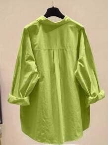 Camisa de mujer de unicolor simple con botones, blusa suelta de manga larga con cuello, hombros caídos, de gasa, estilo casual con bajo desigual, para uso diario, otoño/primavera
