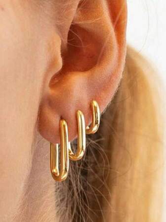 6pcs Simple 18K Gold Plated Stainless Steel Oval Hoop Earrings, Minimalist Circle Earring Set For Women, Stylish Lightweight Waterproof And Non-Fading Ellipse Buckle Earrings For Daily Casual Sports Wear