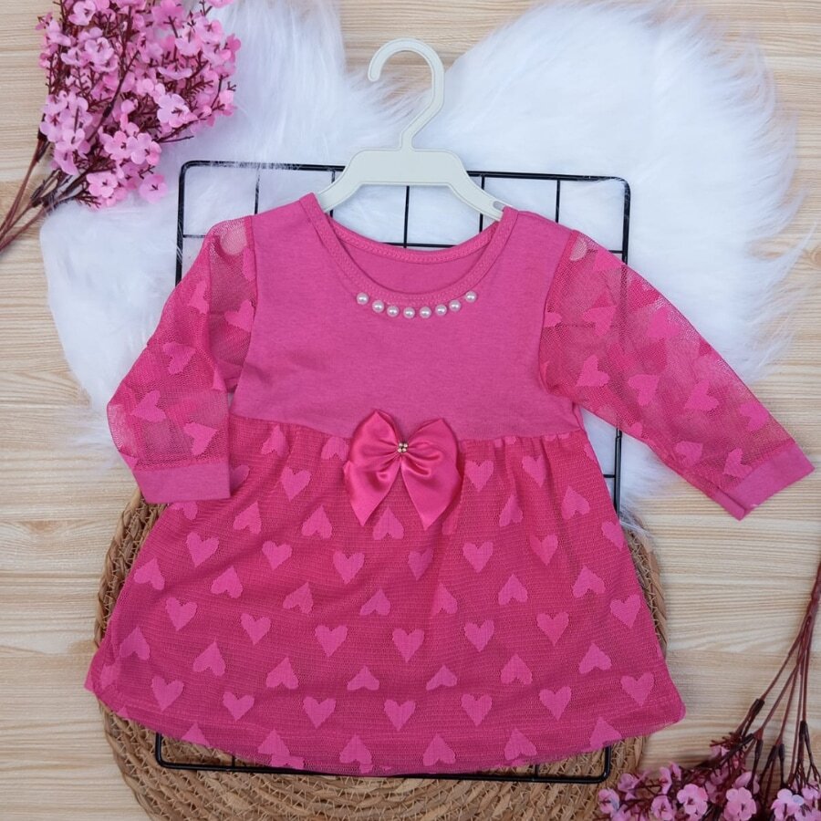 Baby Girl Party Dress Tulle Lace Sleeve Long Dress Bebe Mid Season - Màu Hồng Tươi - Xem 1
