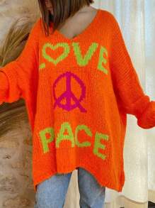 Women's Plus Size V-Neck Daily Letter Loose Knitted Long-Sleeved Pullover Sweater - Orange - View 1
