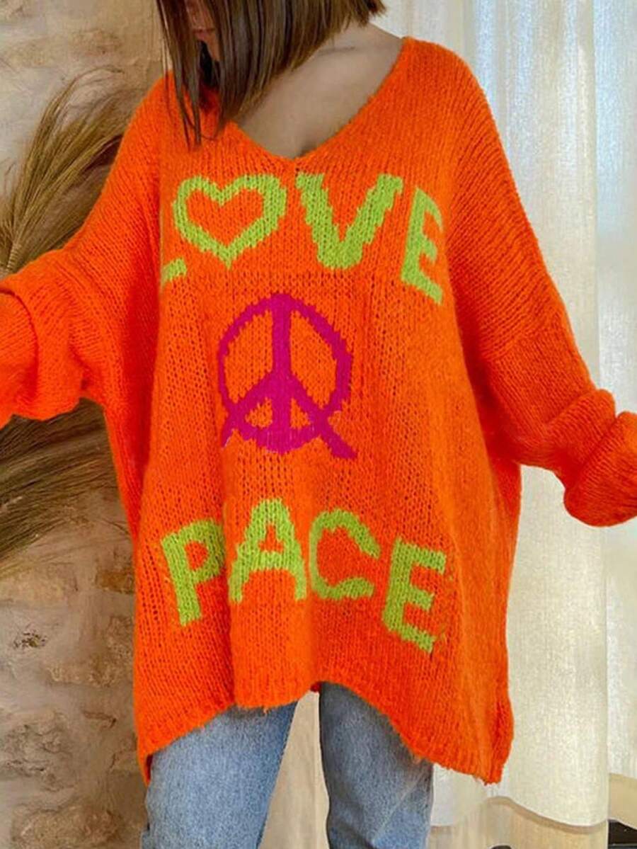 Women's Plus Size V-Neck Daily Letter Loose Knitted Long-Sleeved Pullover Sweater - Orange - View 1