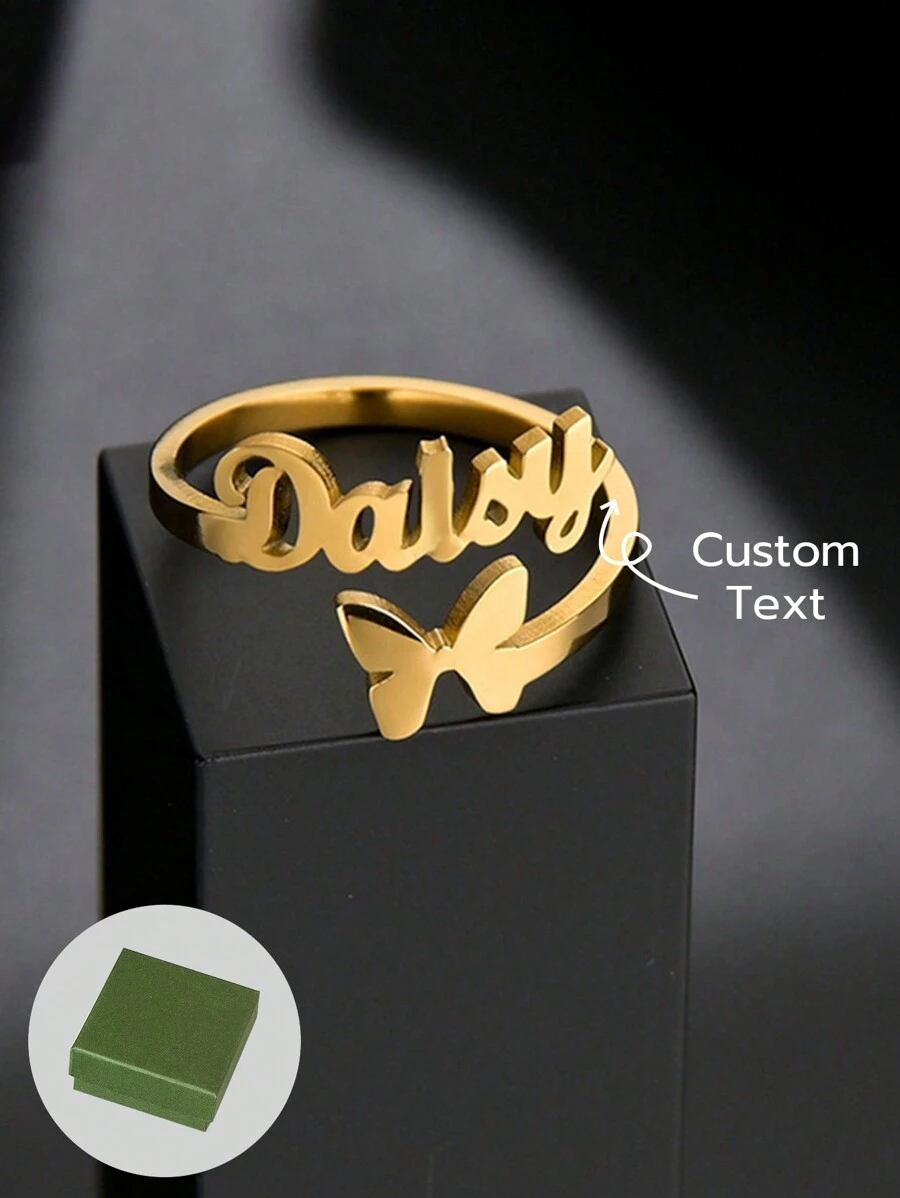 1 件 DIY 不锈钢中英文字母名字戒指，欧美个性蝴蝶可调节开口戒指，18k 镀金不锈钢，含精美高端礼品盒，适合朋友、亲戚、家人、同学、情侣、节日礼物 - 銀色 - 查看 1