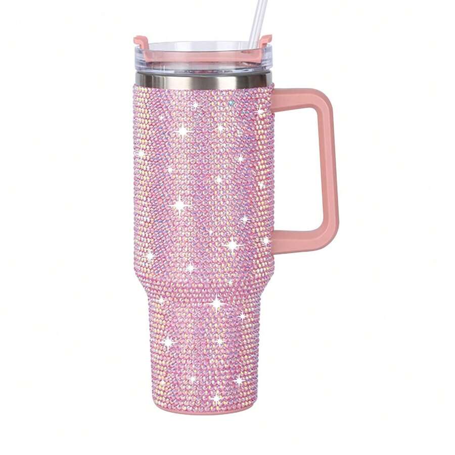 1pc 40 Oz Tumbler With Handle And Straw Lid, Studded Bling Diamond Tumbler, Stainless Steel Insulated Water Cup, Double Wall Travel Mug Fix For Car Cup Holder For Women - 粉色 - 查看 1