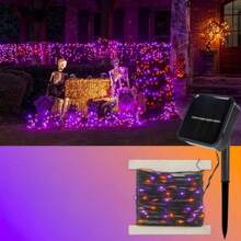 1pc & 2pcs Halloween Decor năng lượng mặt trời 120LED dây đèn cổ tích màu tím và cam, đèn cổ tích chạy bằng năng lượng mặt trời với 8 chế độ, đèn dây đồng đen chống thấm nước cho tiệc sân ngoài trời trang trí Halloween - nhiều màu - Xem 3