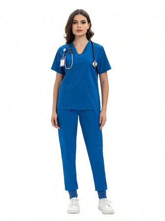 Solid Color Short Sleeve Top And Pants Nurse Scrub Uniform Set