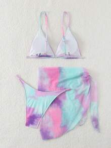 Latest European & American Style Fashionable Casual Bikini Swimwear Set: Tie Dye Bikini Set + Cover Up Skirt, For Summer Beach Vacation