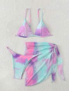 Latest European & American Style Fashionable Casual Bikini Swimwear Set: Tie Dye Bikini Set + Cover Up Skirt, For Summer Beach Vacation