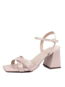 Women's Thick Block Heel Sandal Embossed Glossy Front X - 銅色 - 查看 1