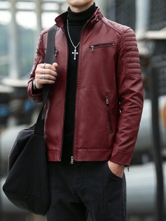 1 pieza Chaqueta de cuero sintético con cremallera frontal y manga larga para hombre, con estilo y aspecto desgastado, para otoño/invierno