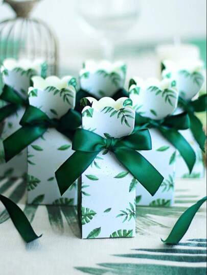 10/50pcs Green Palm Leaf Pattern Gift Boxes, Party And Wedding Supplies