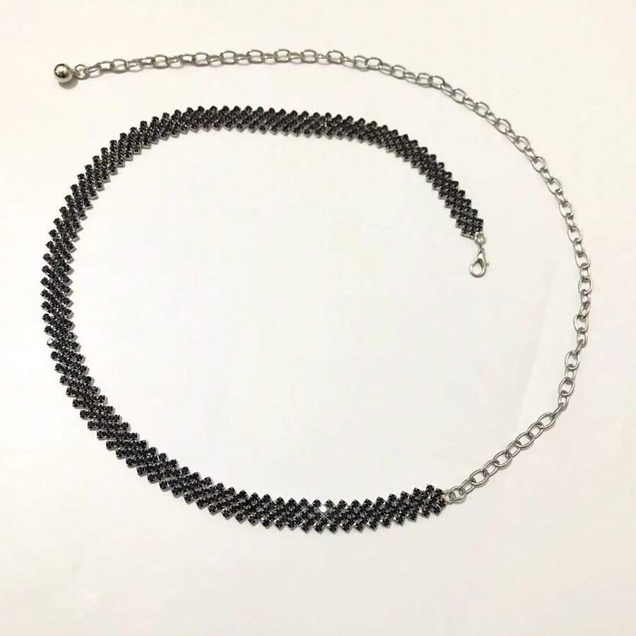 Dây chuyền thắt lưng bằng đá Rhinestone lớn thanh lịch, Dây chuyền thắt lưng bằng kim loại sáng bóng màu bạc, Thắt lưng có thể điều chỉnh, Trang sức cơ thể cho váy nữ - màu đen - Xem 1