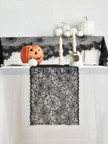 1pc Black Spiderweb Lace Table Runner, Square Black Polyester Halloween Atmosphere Table Scarf, Suitable For Halloween Party And Home Holiday Decor Halloween Party
