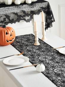1pc Black Spiderweb Lace Table Runner, Square Black Polyester Halloween Atmosphere Table Scarf, Suitable For Halloween Party And Home Holiday Decor Halloween Party