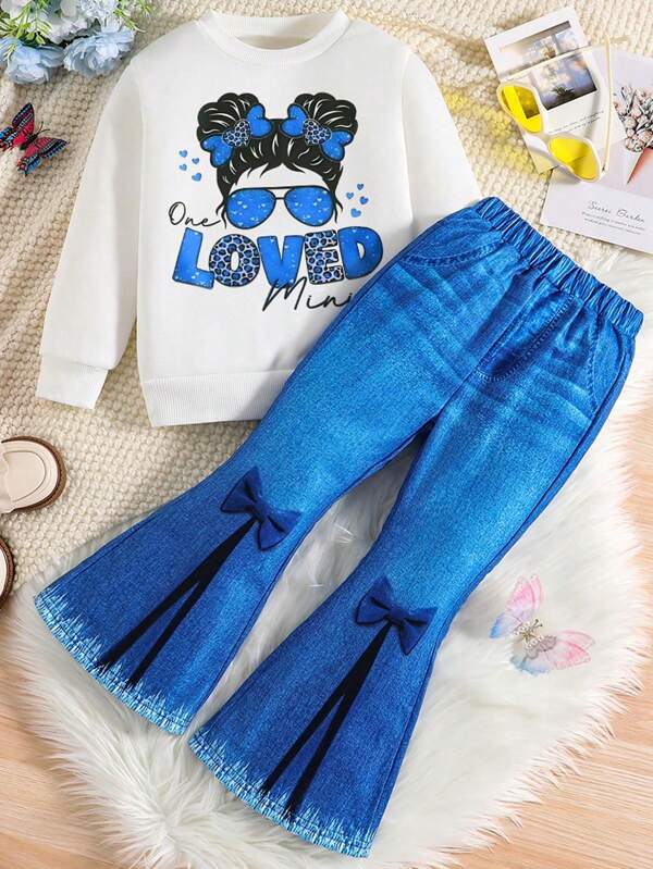Tween Girl Cartoon Print Thermal Lined Pullover And Flared Pants Set