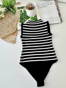 Launch Striped Modal Bodysuit New Spring Summer 2025 Collection - Negro - Ver 2