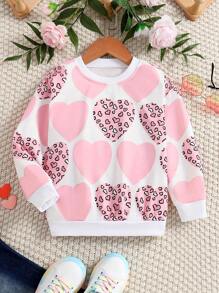 Young Girl Leopard Print Heart Sweatshirt, Casual Round Neck Sweatshirt For Spring - Pink - View 1