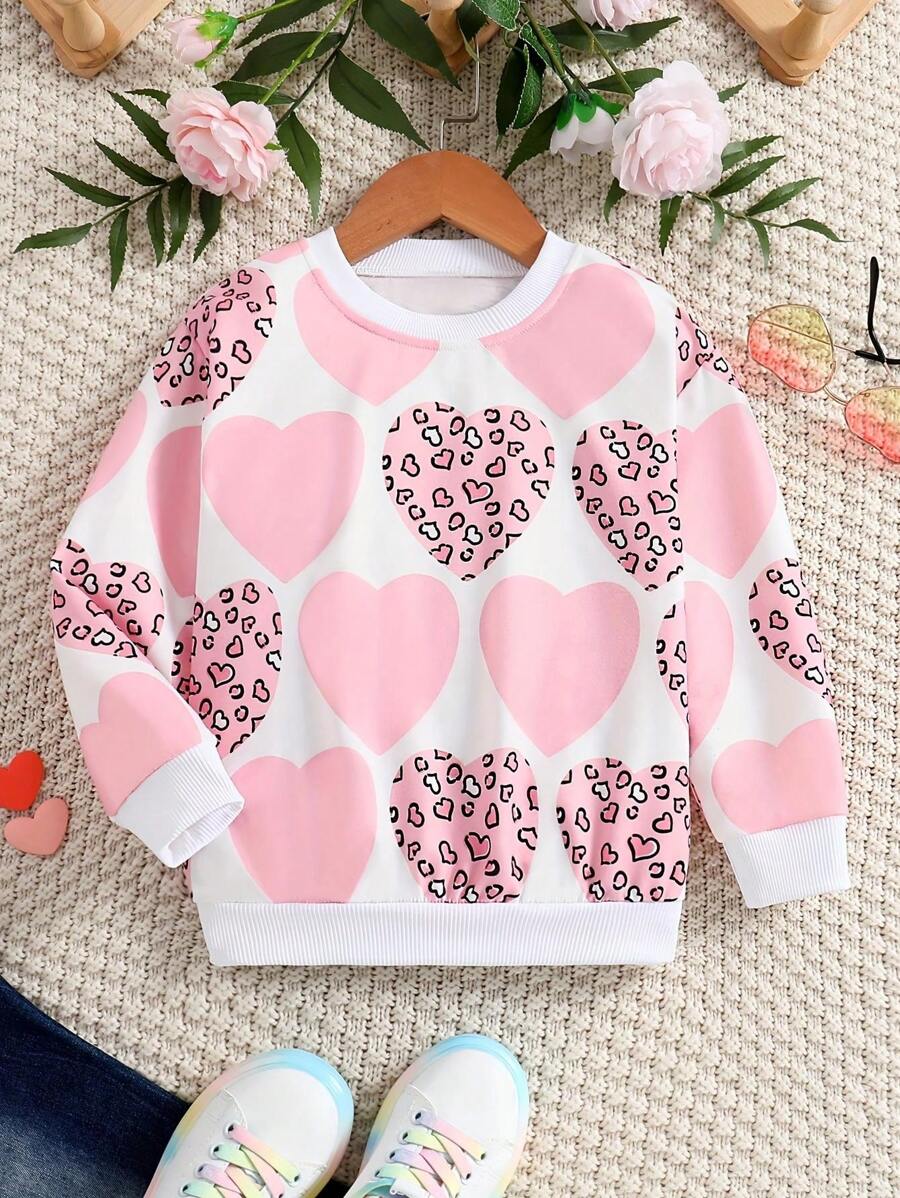 Young Girl Leopard Print Heart Sweatshirt, Casual Round Neck Sweatshirt For Spring - Pink - View 1