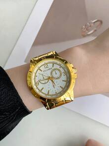 1pc Gold Color Large Dial Watch, Quartz Movement, Suitable For Business, Casual And All-Match For Both Men And Women - Gold - View 5