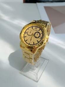 1pc Gold Color Large Dial Watch, Quartz Movement, Suitable For Business, Casual And All-Match For Both Men And Women - Gold - View 2