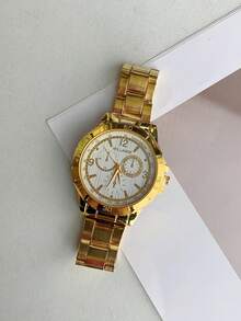 1pc Gold Color Large Dial Watch, Quartz Movement, Suitable For Business, Casual And All-Match For Both Men And Women - Gold - View 6