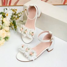 1 par de Sandalias decorativas con flores de tacón alto de moda nuevas para el verano, sandalias de tacón alto para baile de niñas, sandalias para actividades diarias y de actuación de estudiantes - Blanco - Ver 11