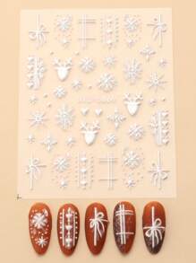 2片白色雪花美甲贴纸，蝴蝶结爱心图案，可爱卡通小鹿5D立体浮雕，优雅新年圣诞美甲装饰 - 白色 - 查看 5