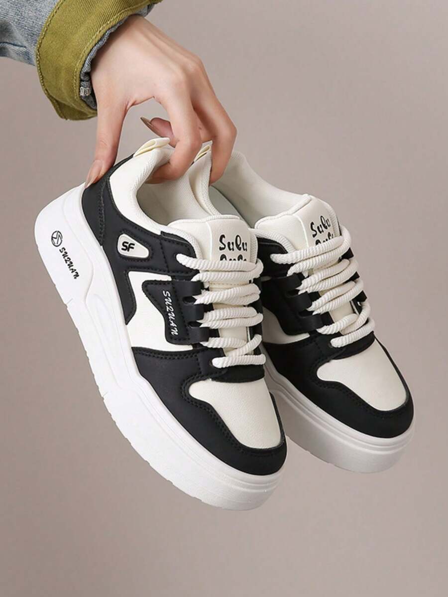 Giày thể thao nữ Xuân/Hè màu trắng, Giày lười đế dày phong cách thể thao thường ngày mới của Hàn Quốc, Giày bệt màu đỏ rượu làm quà tặng tiệc, Giày thể thao đế dày thời trang cổ điển - màu đen - Xem 1