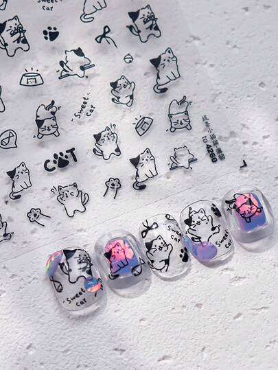 1pc Cartoon Cat Doodle Nail Art Sticker, Essential For Nail Technicians, 3D Embossed Craft, Adorable Cat & Paw Print Nail Decor Design, Self-Adhesive Nail Sticker, Reusable DIY Nail Decals, Gift For Women, Nail Art Supplies, Elegant Accessory Gift