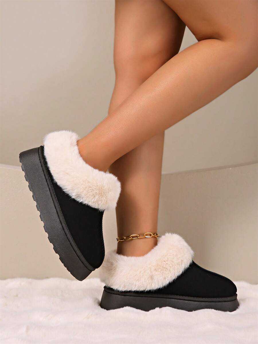 Women's Fashionable Thick Plush Fur Lining Snow Boots, Comfortable Soft Sole Slip-On Warm Winter Shoes - Black - View 1