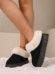 Women's Fashionable Thick Plush Fur Lining Snow Boots, Comfortable Soft Sole Slip-On Warm Winter Shoes - Black - View 4