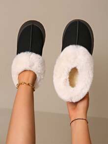 Women's Fashionable Thick Plush Fur Lining Snow Boots, Comfortable Soft Sole Slip-On Warm Winter Shoes - Black - View 5