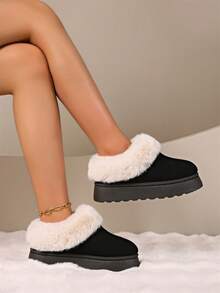 Women's Fashionable Thick Plush Fur Lining Snow Boots, Comfortable Soft Sole Slip-On Warm Winter Shoes - Black - View 3