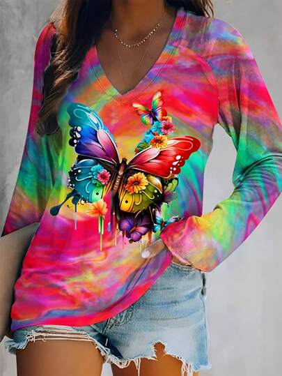 Camiseta de moda con estampado de mariposa colorida para mujer de talla grande