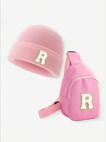 2 件/套儿童 26 字母针织帽和包包套装，温暖的女童冬帽，适合女童日常时尚搭配上学，适合生日、圣诞节、新年礼物使用 - 粉色 - 查看 21