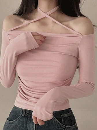 1 件女士优雅颈链纯色修身长袖迷人露肩 T 恤