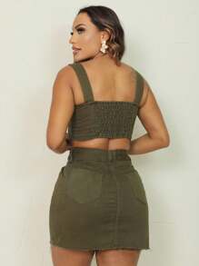 Military Green Mini Denim Skirt Frayed Hem - xanh quân đội - Xem 4