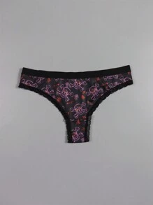 Dircho 5 piezas de sexys y lindos tangas góticos de encaje con contrastes, ropa interior y lencería de mujer cómoda y sedosa con estampado por todo el diseño de ojos, calaveras y estrellas en colores rosa, rojo y negro para Halloween