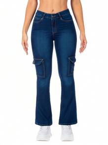 Women's Stretch Denim Cargo Pants Bell-Cut - 深色水洗藍 - 查看 1