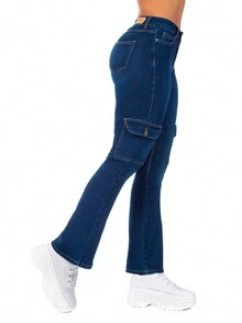 Women's Stretch Denim Cargo Pants Bell-Cut - 深色水洗藍 - 查看 6