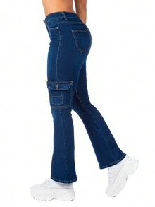 Women's Stretch Denim Cargo Pants Bell-Cut - 深色水洗藍 - 查看 4