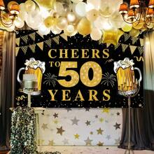 1 peça, Painel Decorativo de Aniversário de 50 Anos Feliz, Decoração de Festa com Bottom Preto e Dourado Saudações 50 Anos para Foto, Pôster de Cabine Fotográfica de Aniversário de 50 Anos Preto e Dourado para Decoração de Festa Interna e Externa - Multicolorido - Visão 4