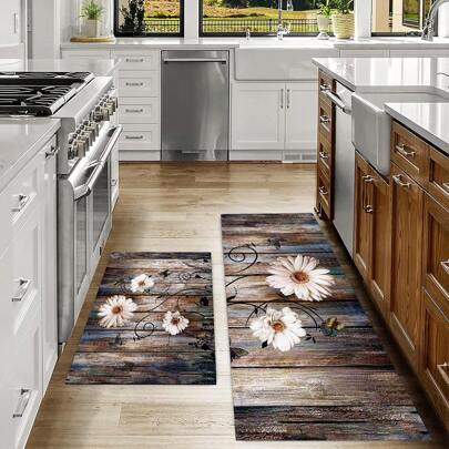 1 pieza Felpudo de cocina de madera con estampado floral, suave y cómodo, resistente al agua y al aceite para la entrada, fácil de limpiar, adecuado para la decoración de la sala de estar, el pasillo, el baño y la lavandería
