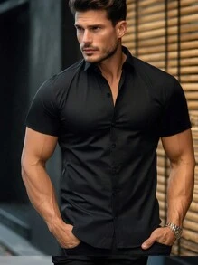 Áo sơ mi tay ngắn, Áo sơ mi công sở thường ngày, Áo sơ mi công sở nhẹ không cần ủi cho mùa hè - màu đen - Xem 2