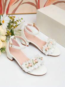 1 par de Sandalias decorativas con flores de tacón alto de moda nuevas para el verano, sandalias de tacón alto para baile de niñas, sandalias para actividades diarias y de actuación de estudiantes - Blanco - Ver 2